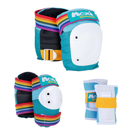 Six-pack skate pads: teal and dark sleeves with rainbow trim, white guards, and straps