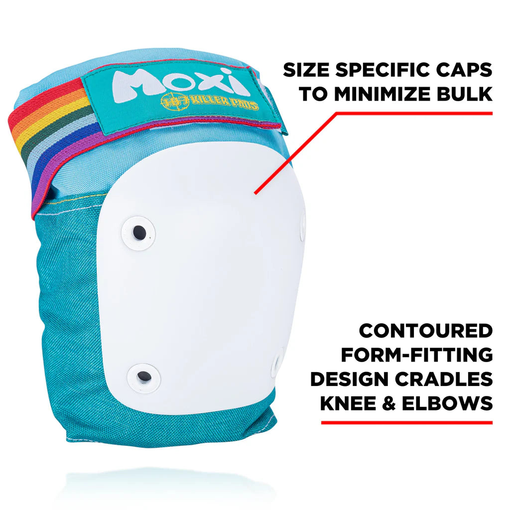 Teal protective knee pad with contoured white guard and rainbow top cap
