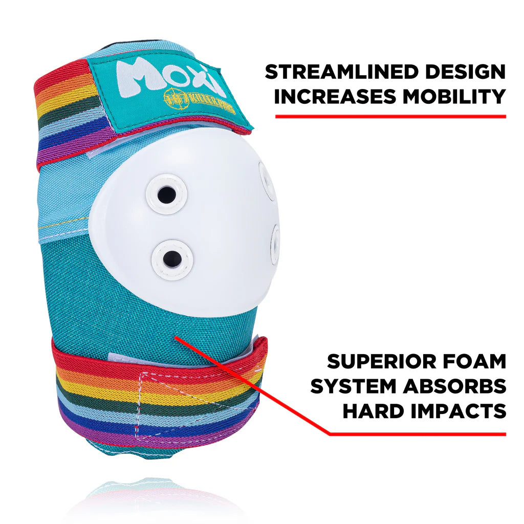 Teal knee pad with white dual-impact guard and rainbow cuff, secured with strap