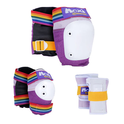 Lavender and black rainbow-striped skate pads with white molded protective inserts