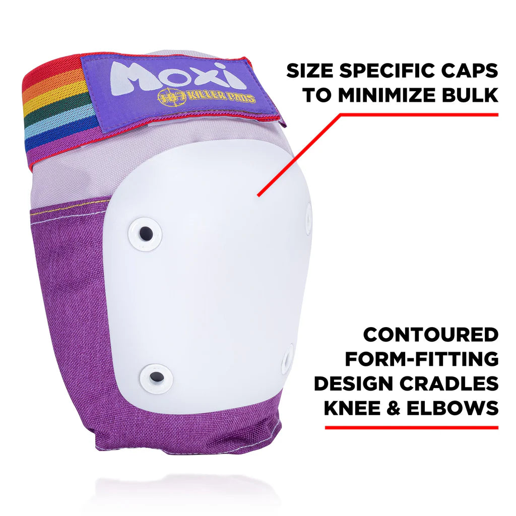 Lavender skate pad with white molded protection and rainbow-striped top strap