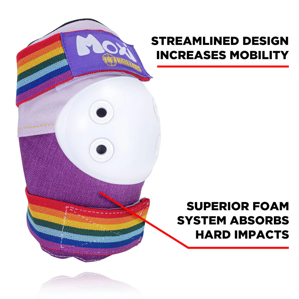Lavender roller skate pad with white molded insert and rainbow-striped strap detail