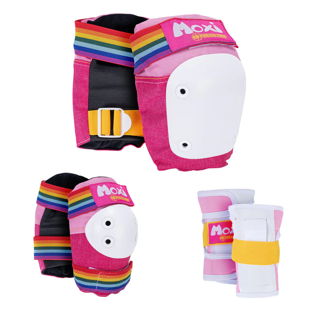 Moxi six-pack pads set: pink and rainbow straps with white splints and black backing.