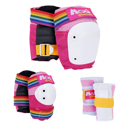 Moxi six-pack pads set: pink and rainbow straps with white splints and black backing.