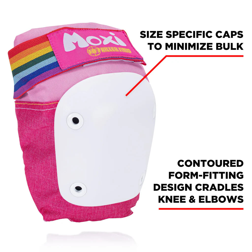 Pink knee pad with rainbow strap cap and two-hole white splint for form fitting.