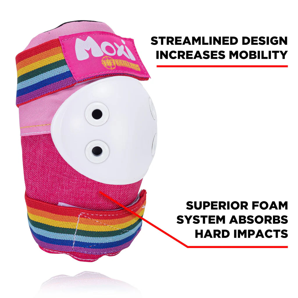 Pink and rainbow knee pad with two white support plates and hook-and-loop strap.