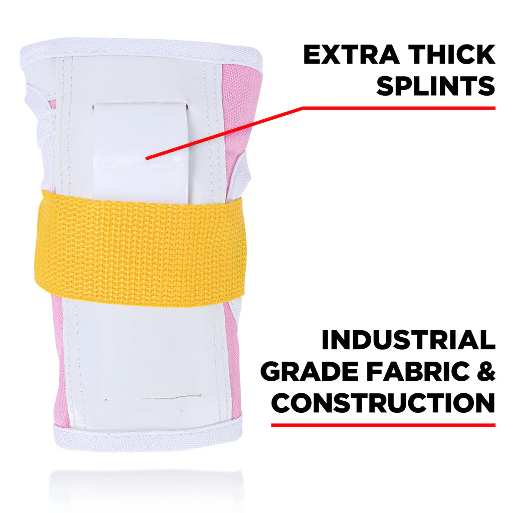 Pink knee pad with white splints and yellow hook-and-loop strap, extra-thick support.