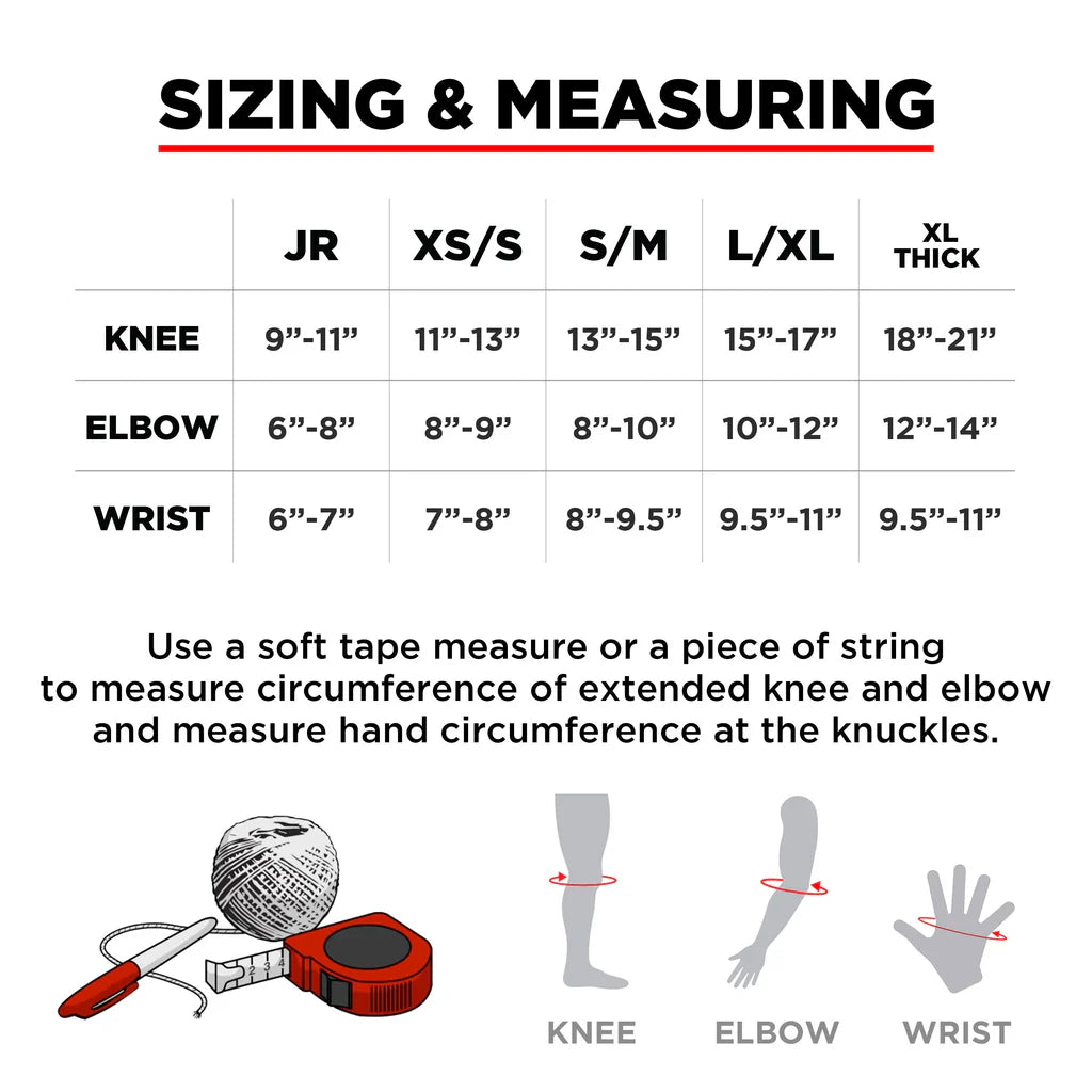 Moxi Super Six Pack sizing & measuring chart for knee, elbow, and wrist fit.