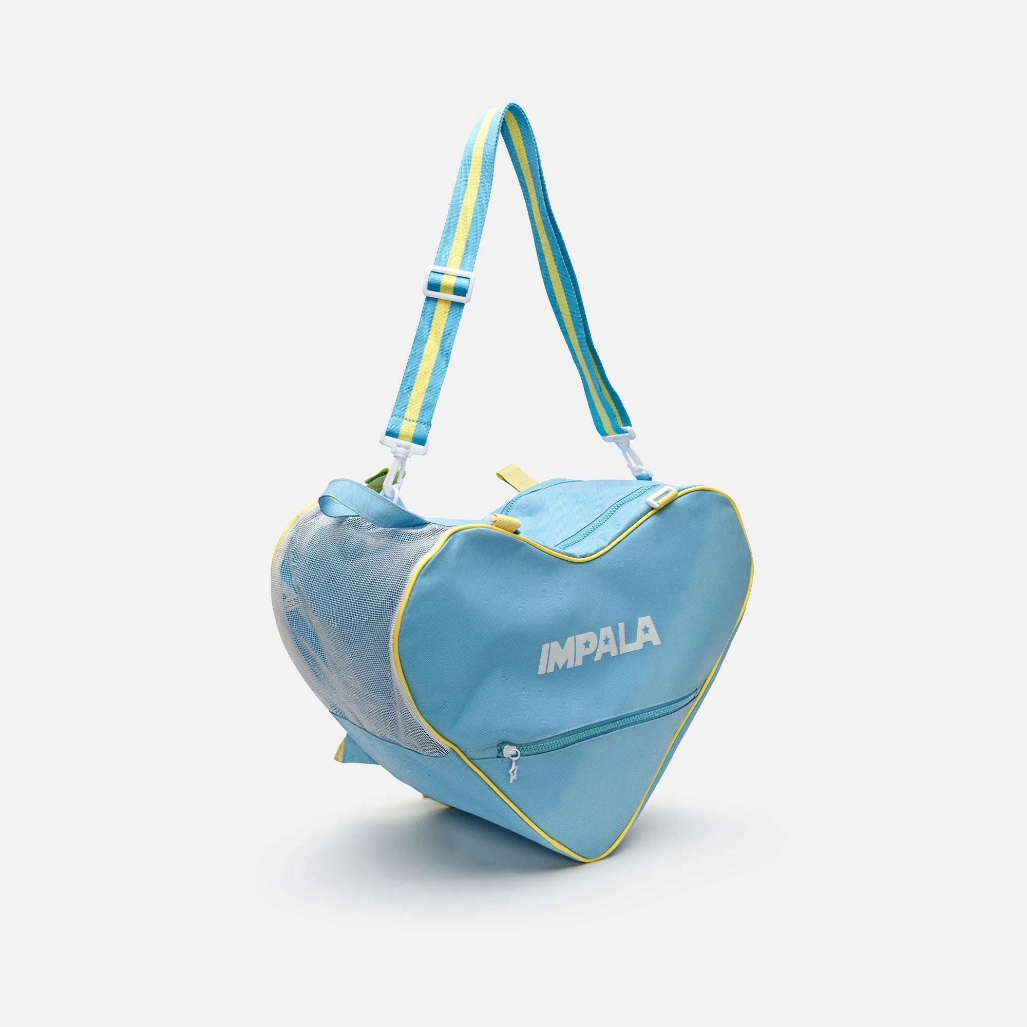 Sky blue heart-shaped skate bag with yellow trim, top handles, and zip closure.