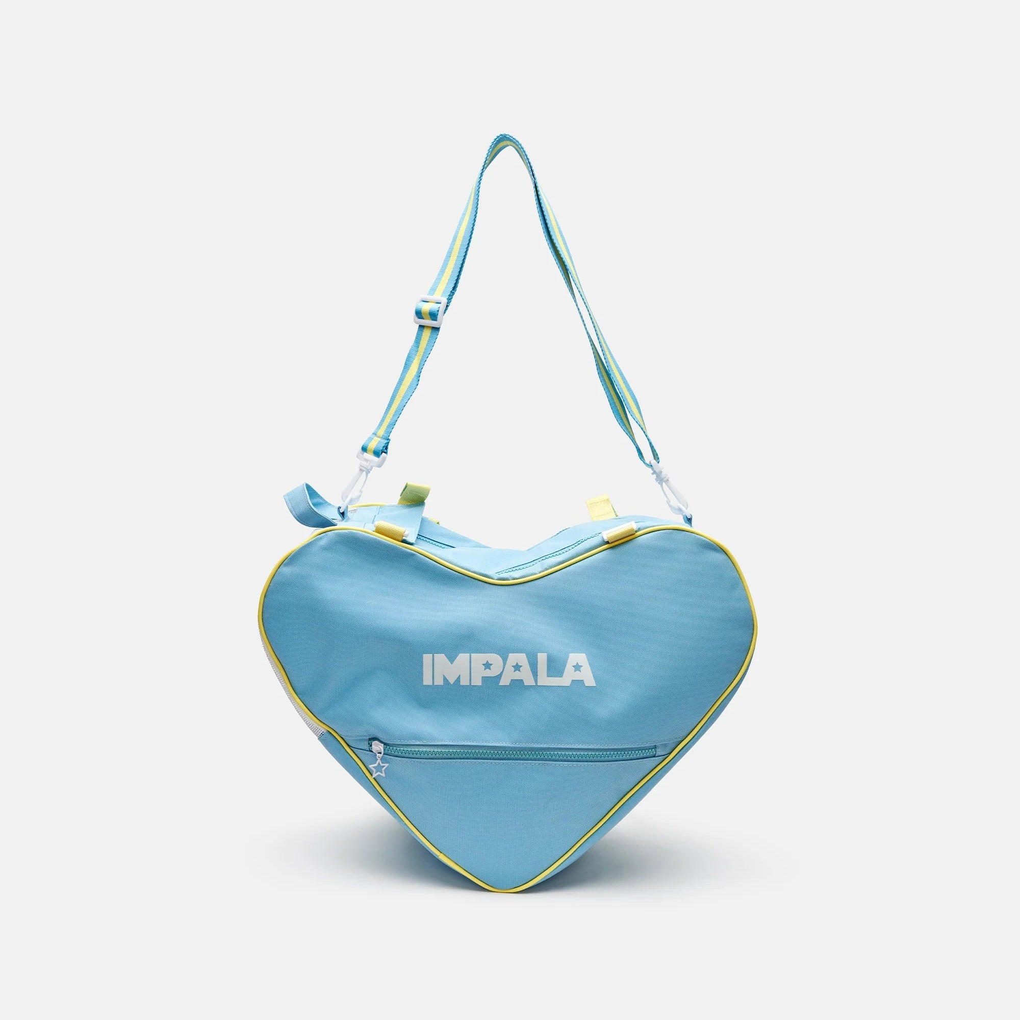 Sky blue heart-shaped duffel skate bag with yellow trim and twin shoulder straps.