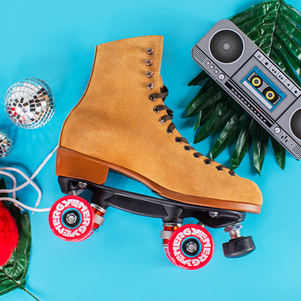Tan suede roller skate boot with padded heel and red wheel set