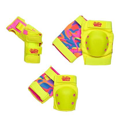 Bright yellow adult protective set with knee pads and wrist guards, pink and purple accents