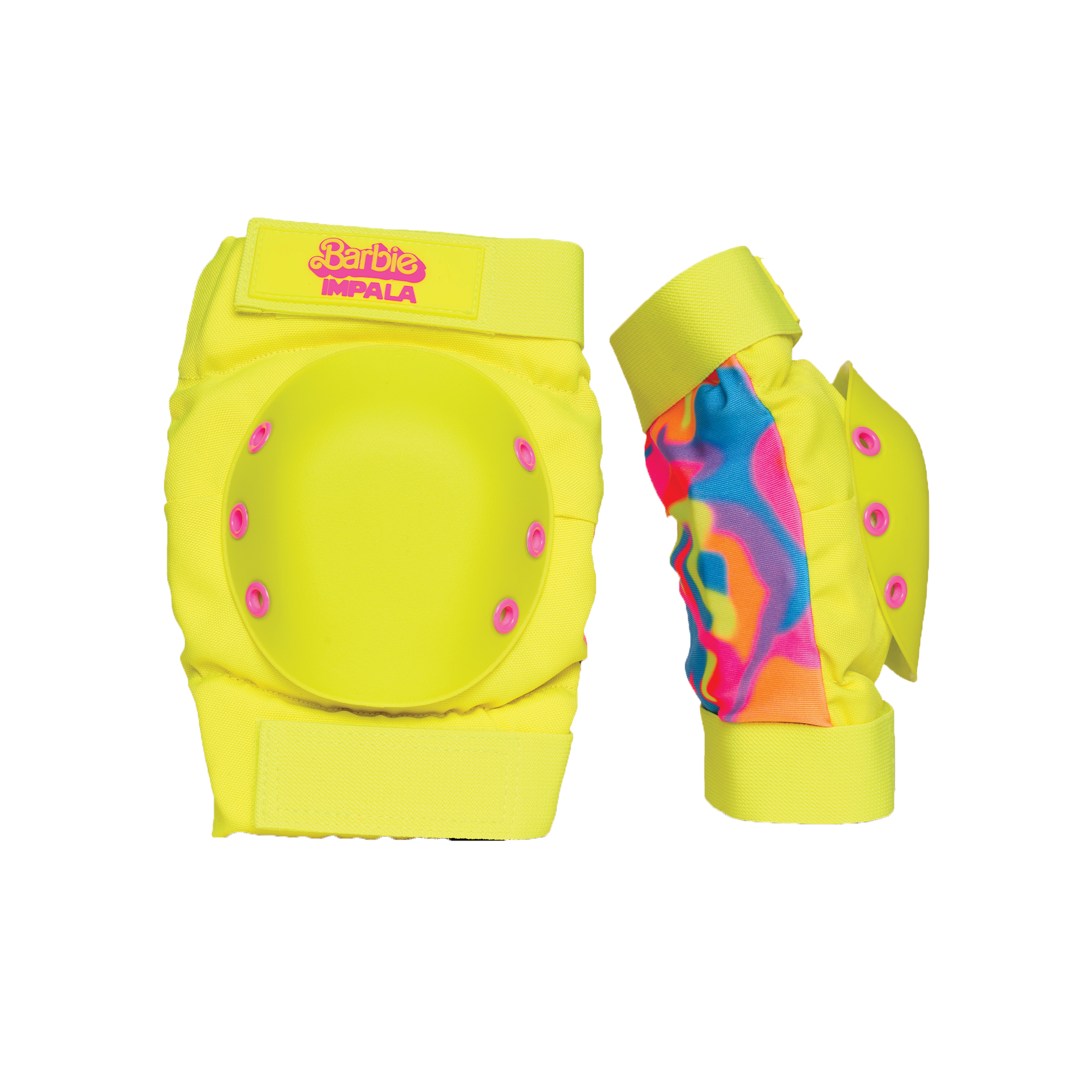 Bright yellow knee pads and elbow pad with colorful panel design and purple button details