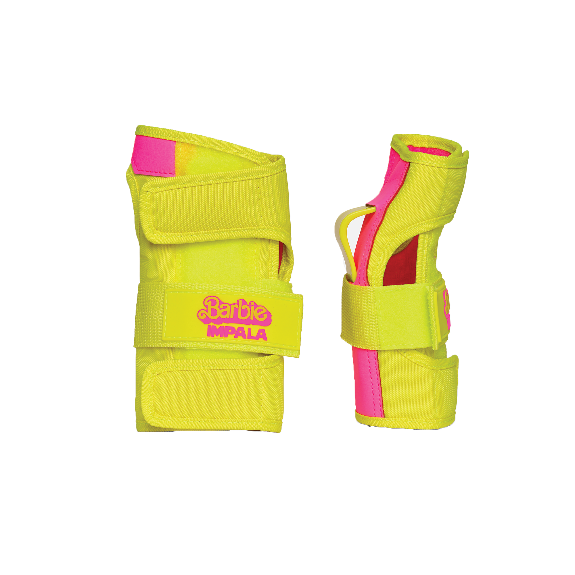 Bright yellow elbow and wrist protective gear with pink lining and adjustable straps
