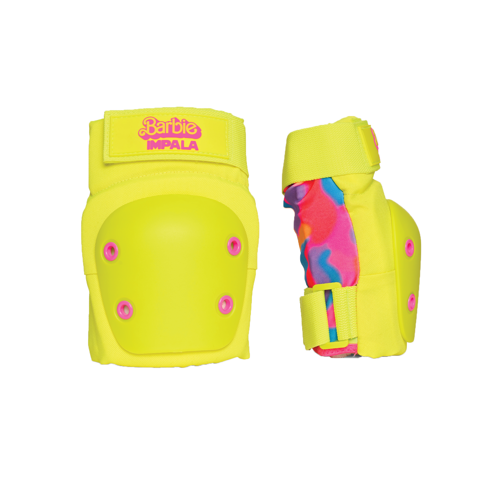 Bright yellow knee pad and elbow pad with purple rivet details and adjustable bands