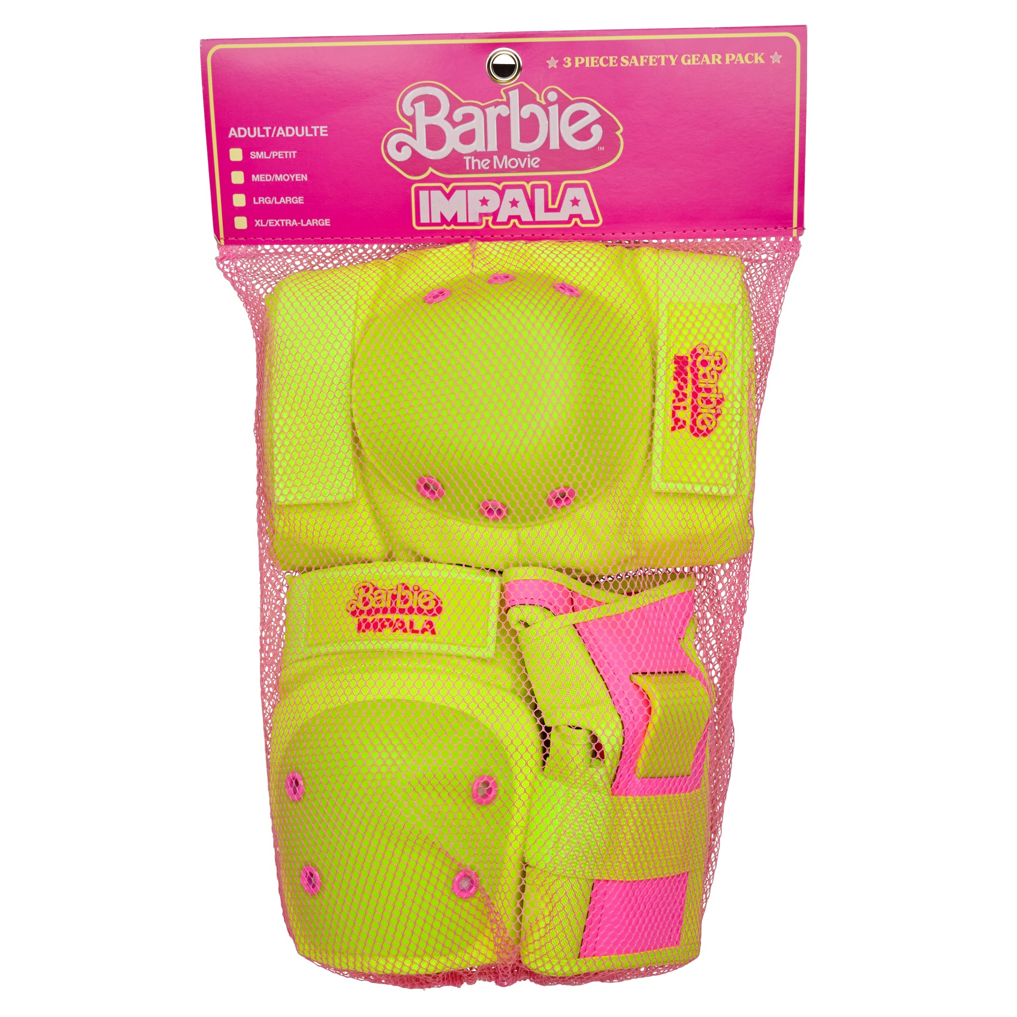 Barbie Impala safety gear pack with bright yellow protective pads in mesh packaging
