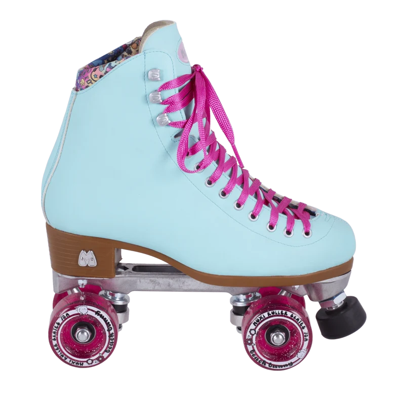 A light blue roller skate boot with bright pink laces, pink wheels, and a brown base, shown against a plain white background.