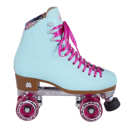 A light blue roller skate boot with bright pink laces, pink wheels, and a brown base, shown against a plain white background.
