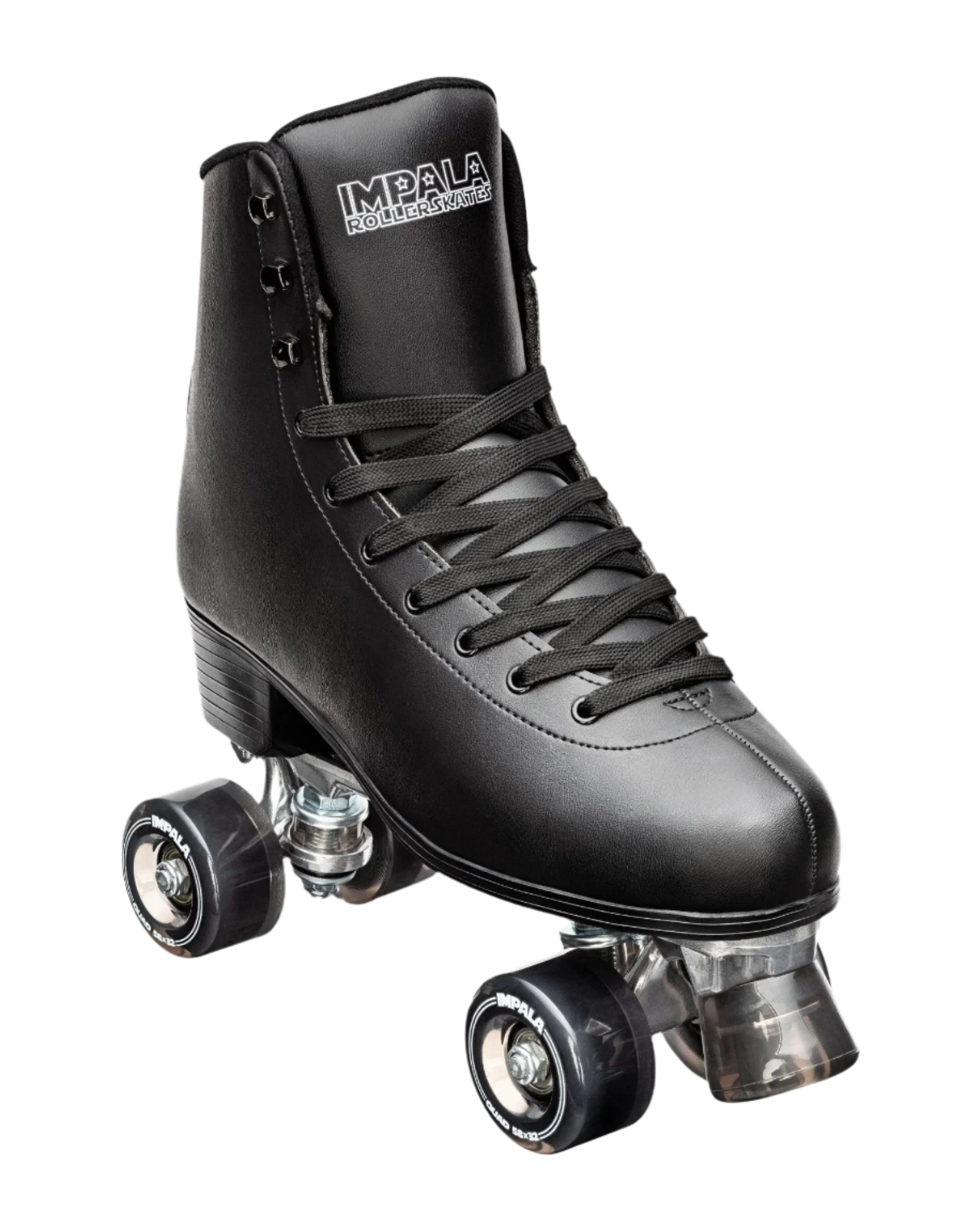 Impala black quad skate boot with gray laces and four chrome wheels