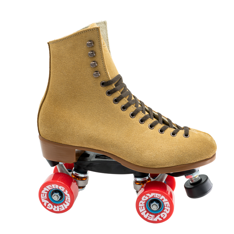 Tan suede high-top roller skates with black plates and red wheels