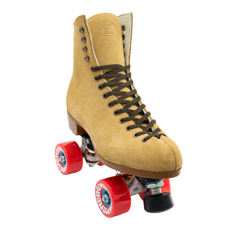 Tan suede roller skate boot with lace-up design and multicolor wheels