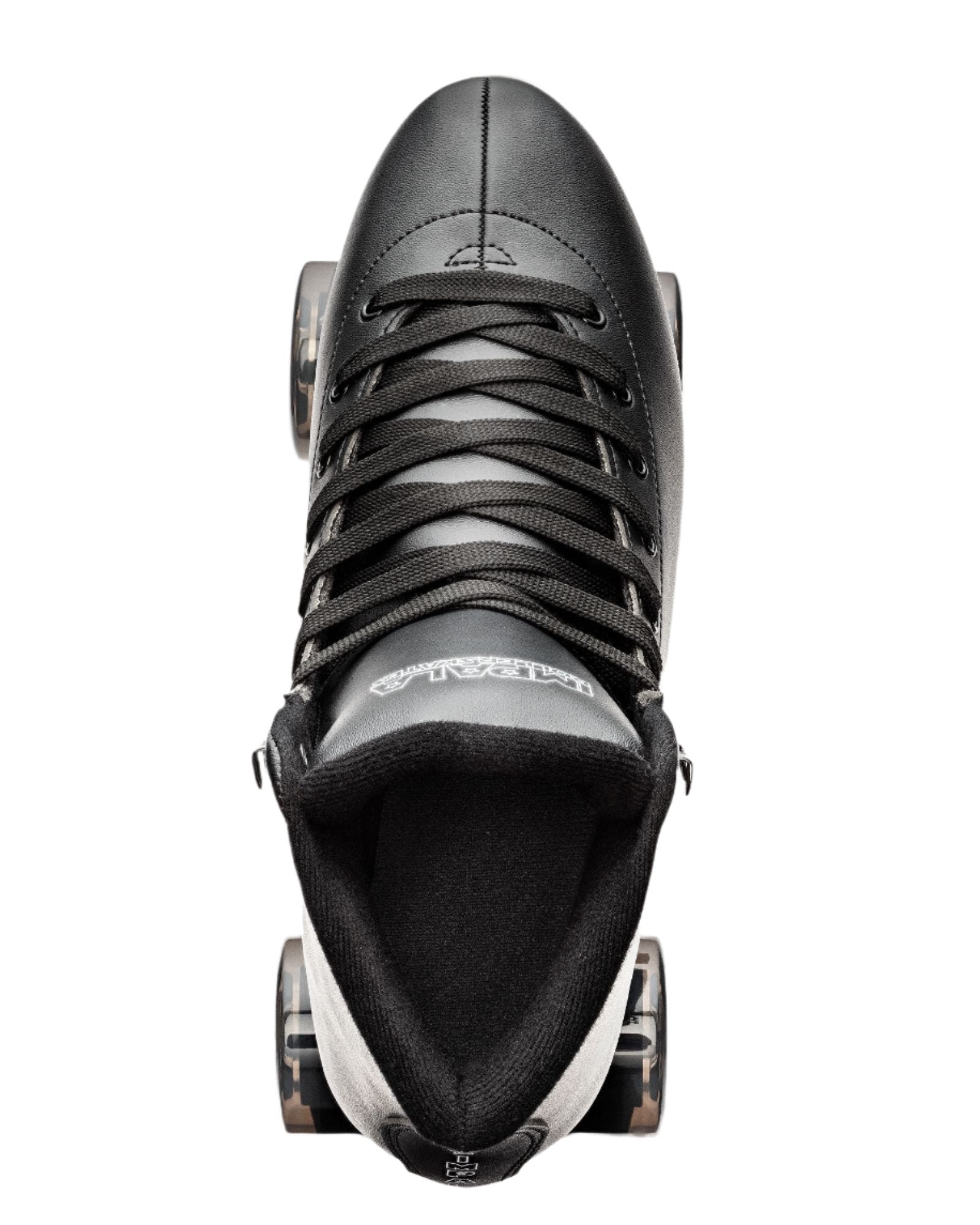 Front view of black lace-up quad skates with four wheels