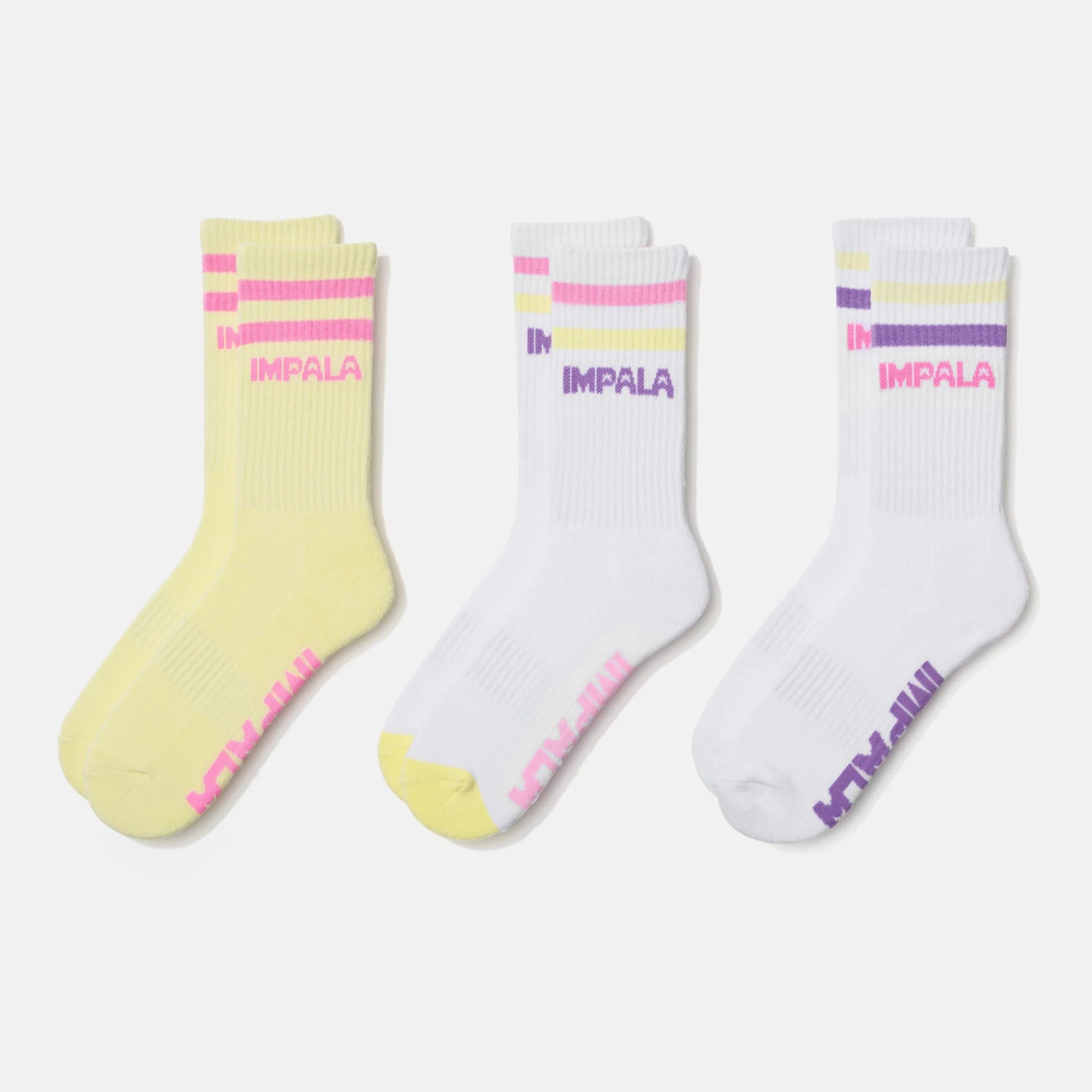 3-pack crew socks with Impala logo; light yellow, white, and striped white/purple