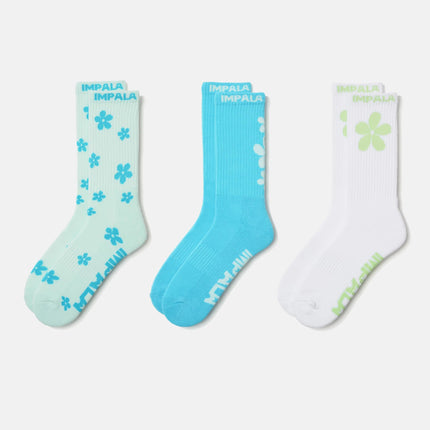 Crew socks 3-pack with clover prints, light blue, aqua, and white