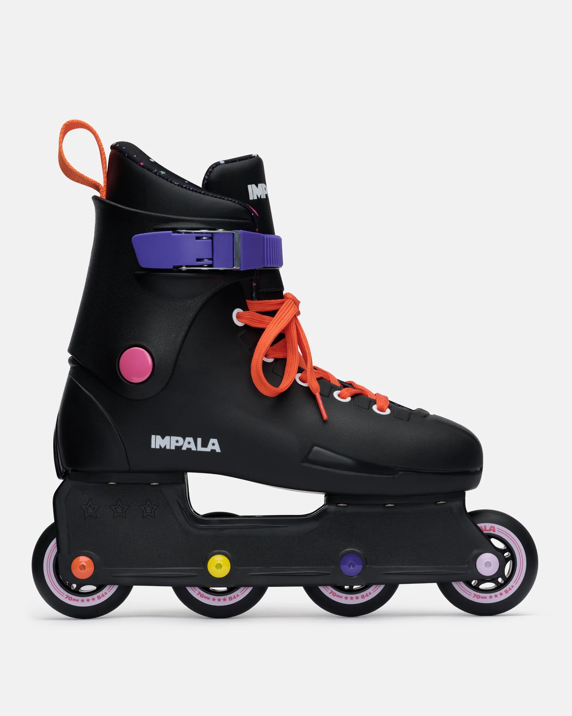 Black inline skates with orange laces, purple cuff, and multicolor light-up wheels