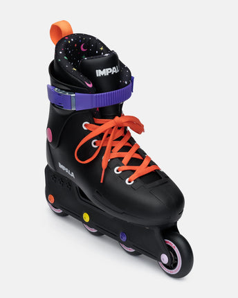 Black inline skates with orange laces, purple strap, and starry galaxy boot lining