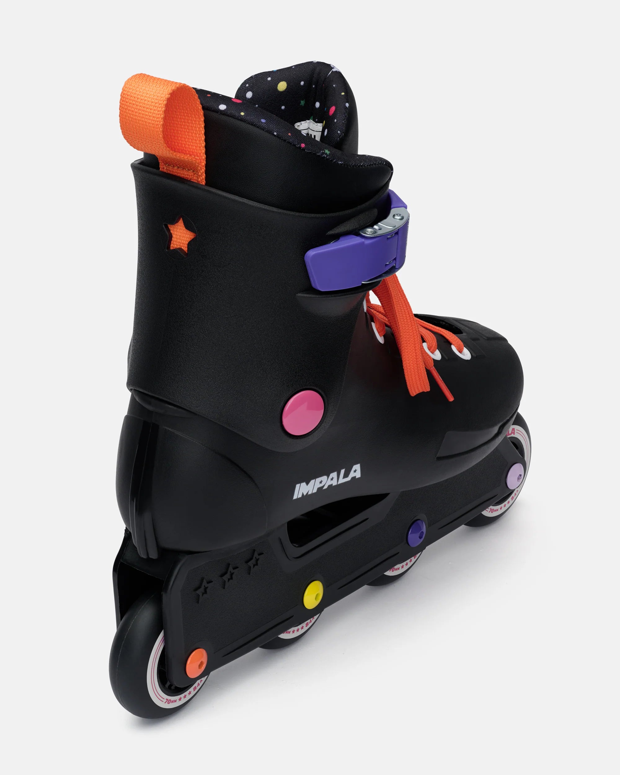 Black inline skate with pink side patch, purple strap, and orange laces