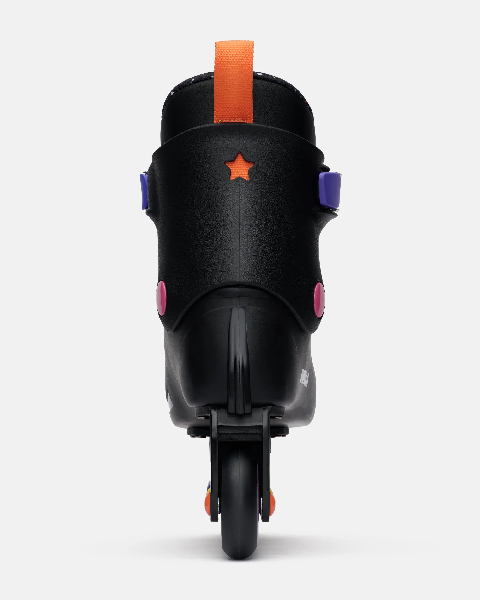 Black inline skate heel view with orange top strap and star emblem