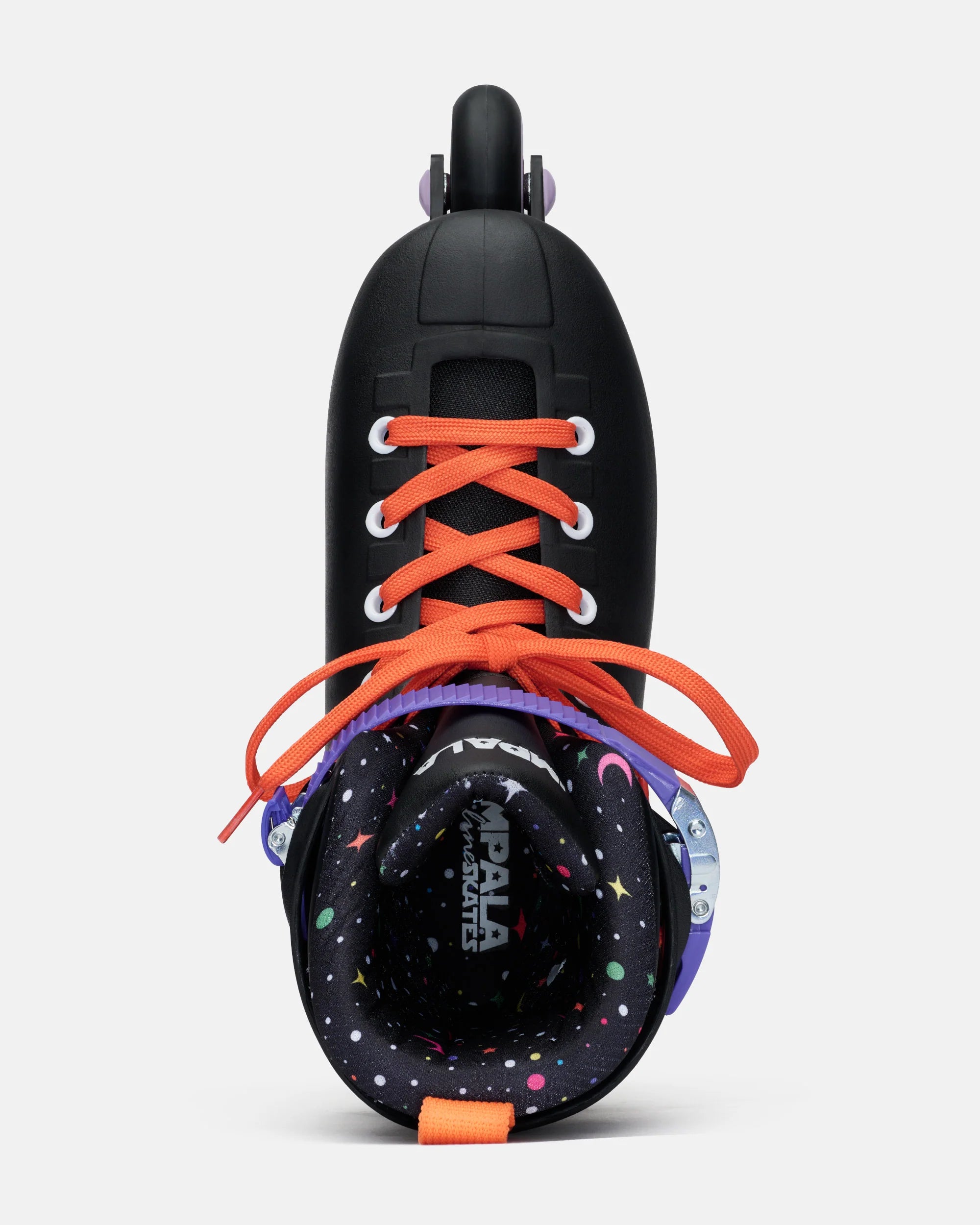 Black inline skate with orange laces and open collar showing starry inner lining