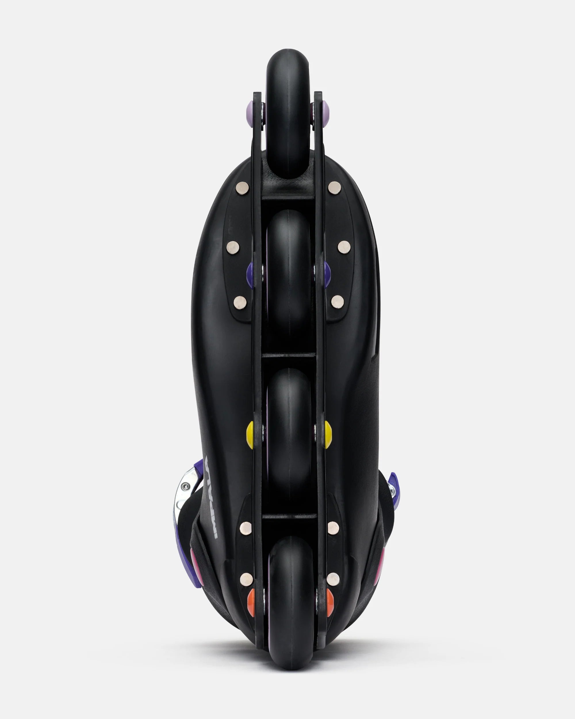 Black inline skate bottom view with multicolor wheel hubs and small purple accents