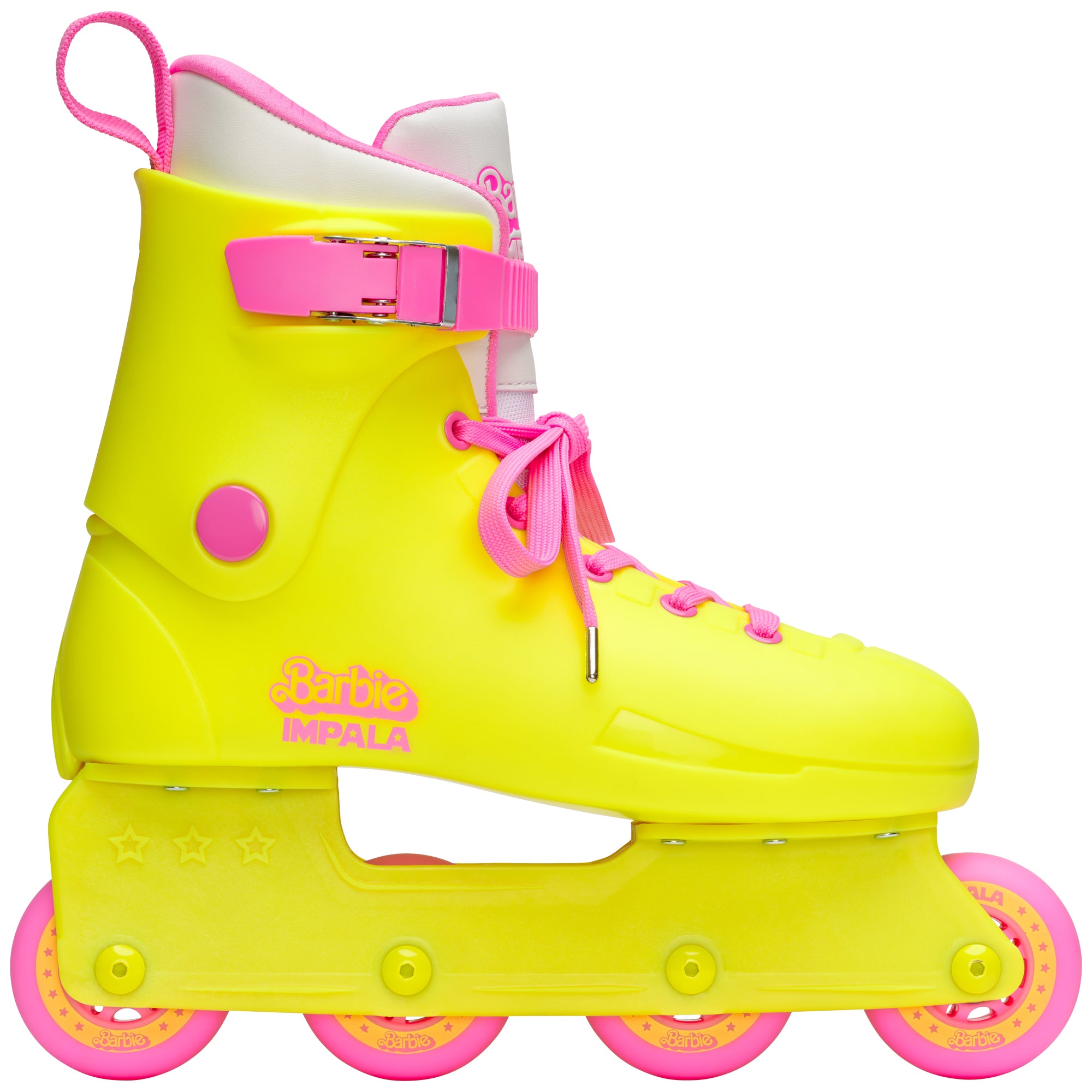 Bright yellow and pink inline skates with adjustable ankle strap and laced boot