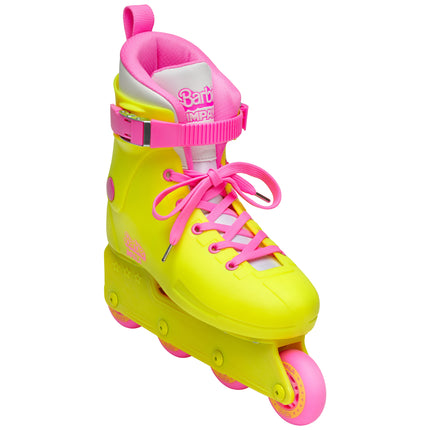 Bright yellow inline skates with pink laces, padded collar, and side buckle strap