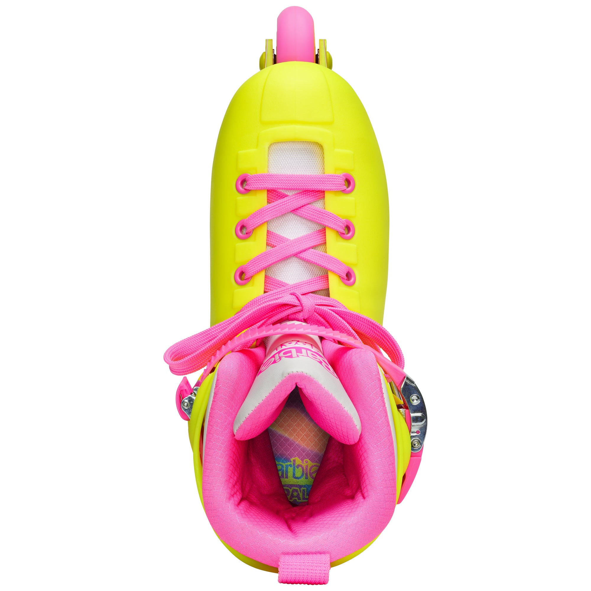Back view of bright yellow inline skates with pink laces and padded high-top liner