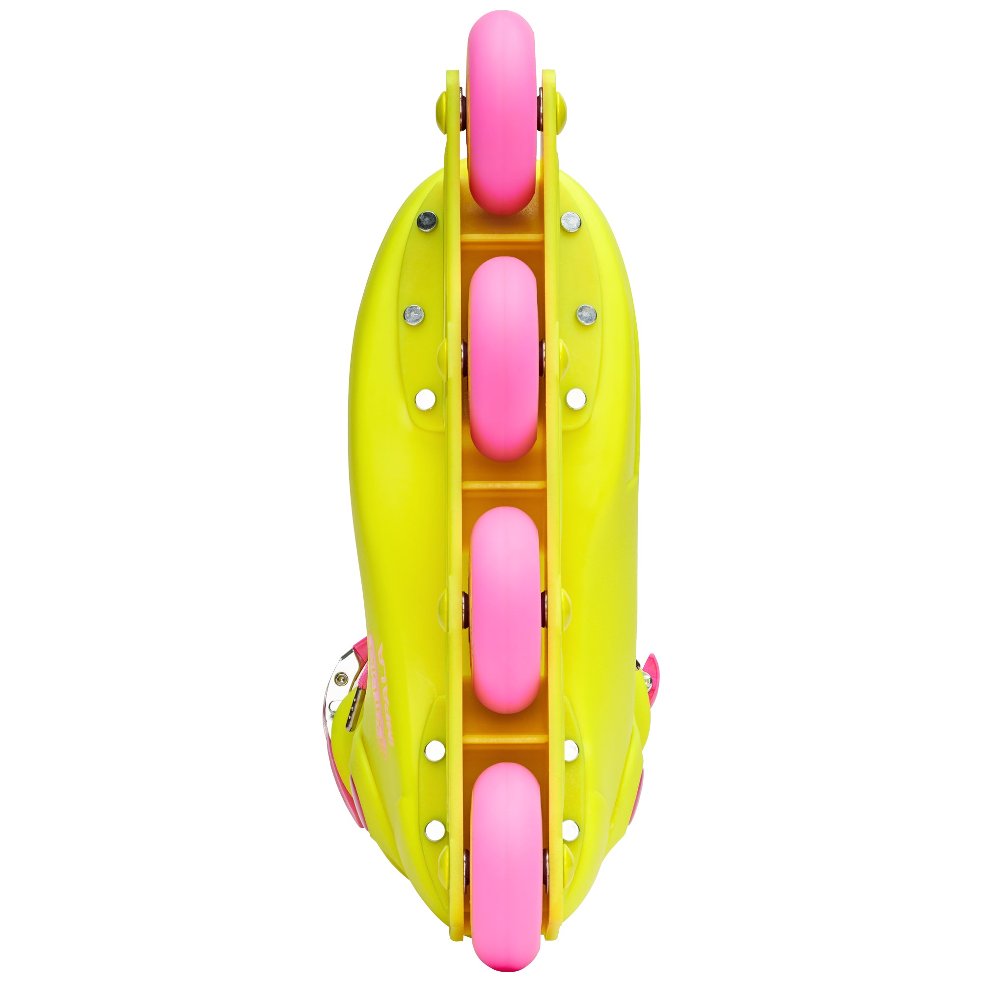 Rear view of bright yellow inline skates with pink wheels and vertical support frame