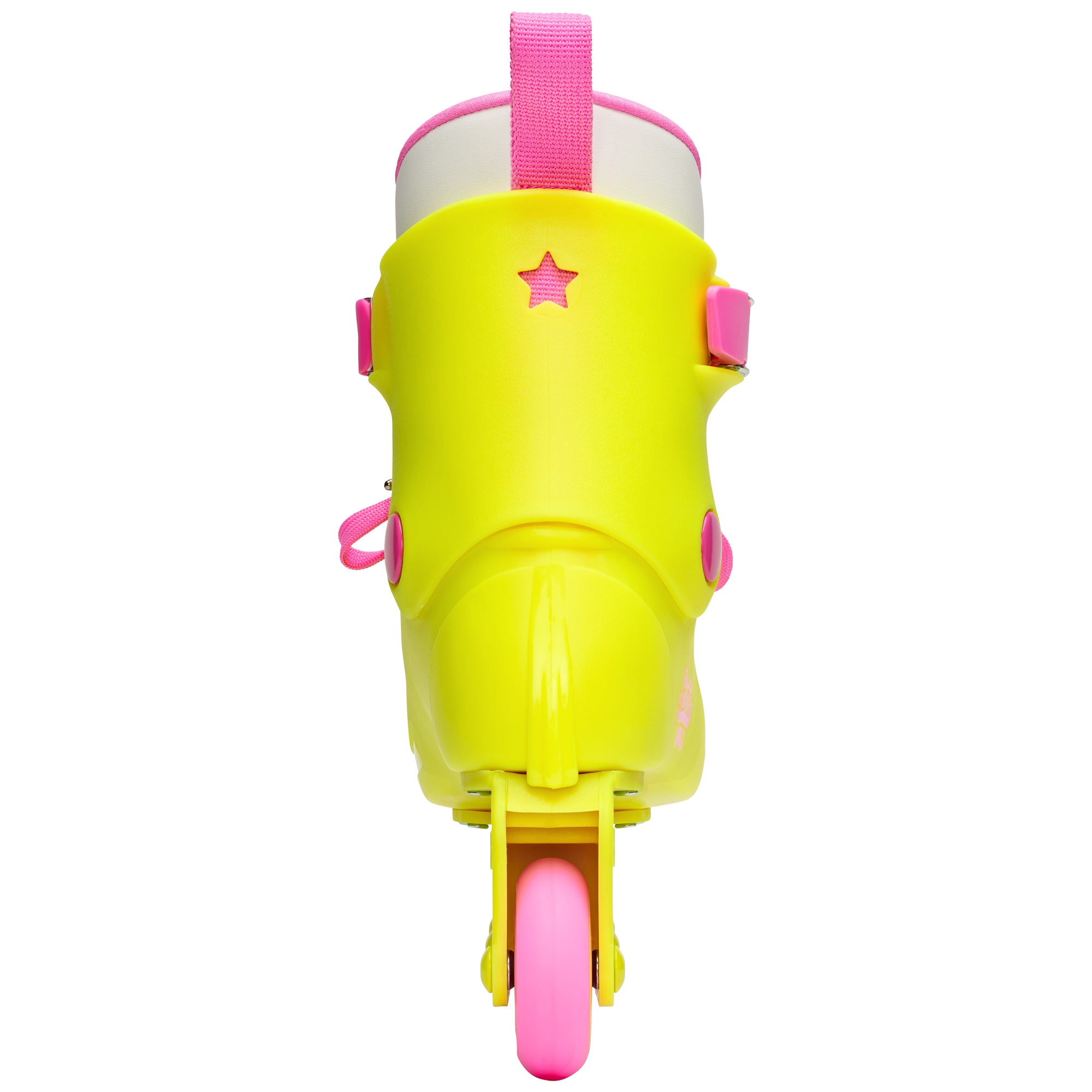 Top view of bright yellow inline skates with pink front toe caps and star detail