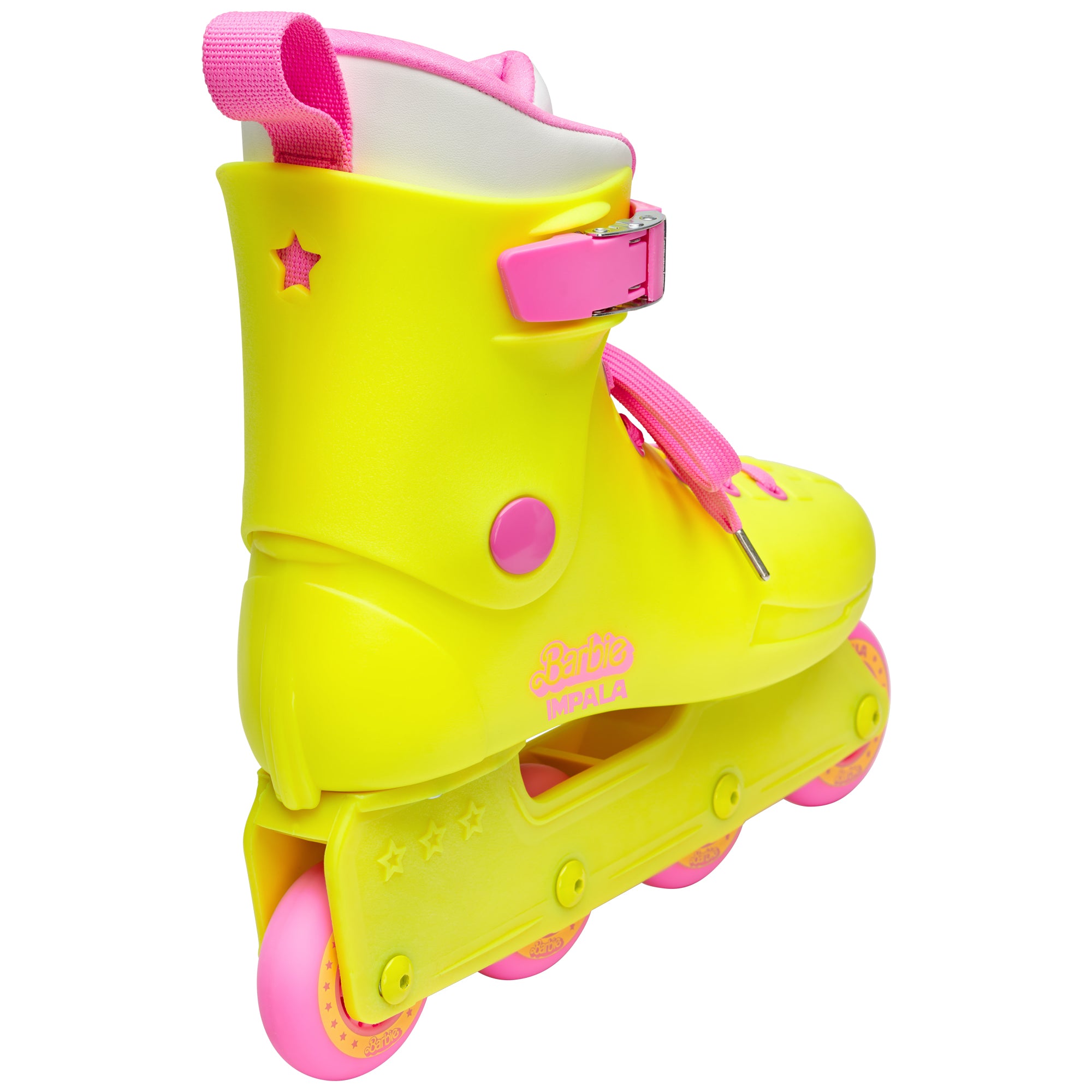 Side view of bright yellow inline skates with pink star accents and ankle buckle