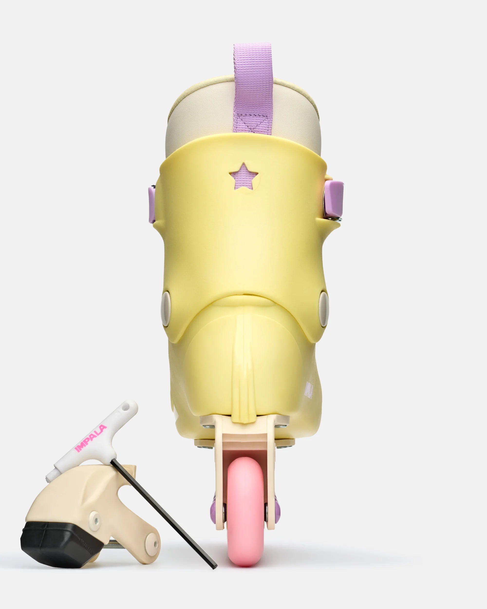 Impala buttercup yellow inline skate boot with purple ankle strap and pink wheel base