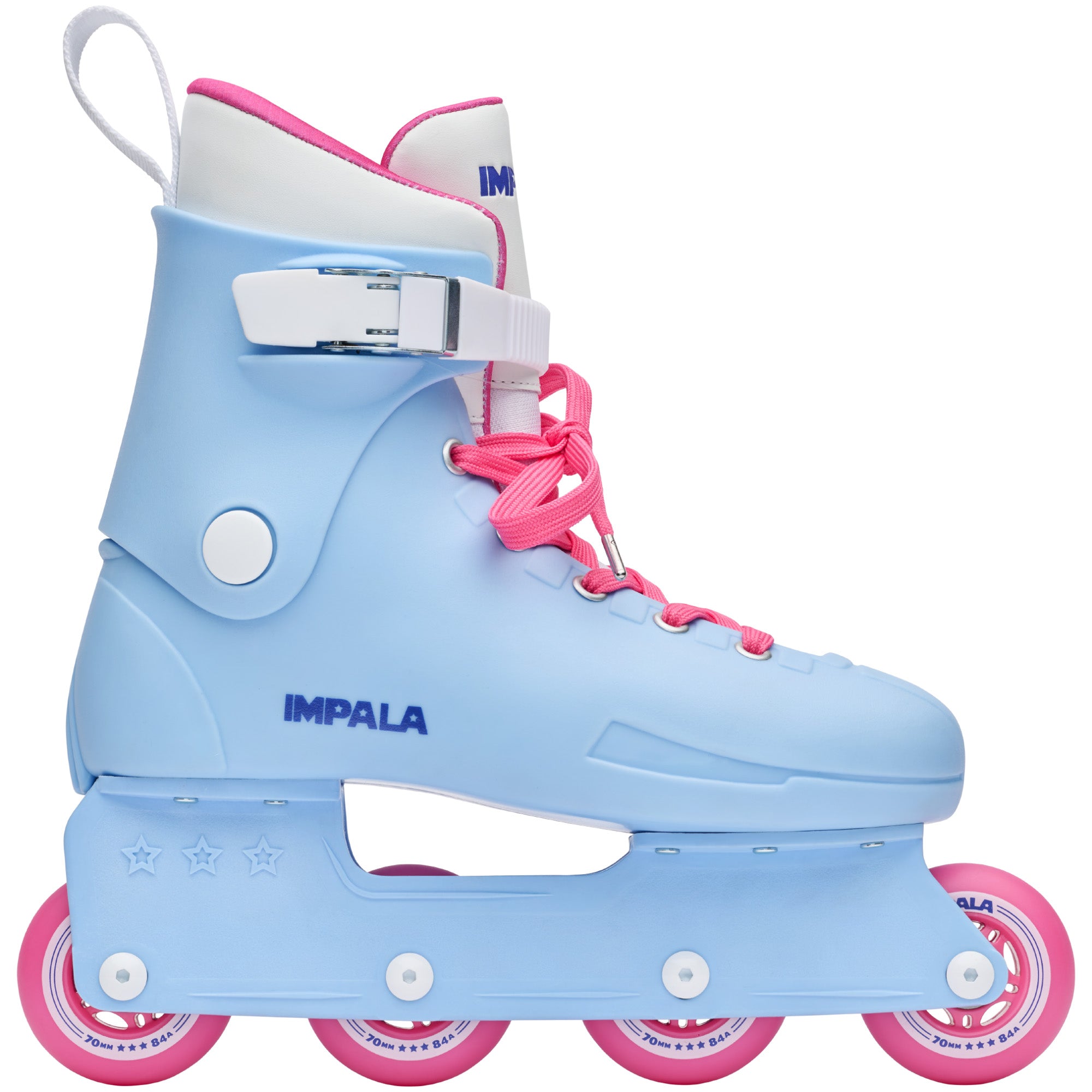 Light blue kids inline skate with pink laces and white adjustable strap