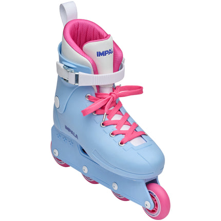 Light blue inline skate with pink padded cuff, gray buckle, and pink laces