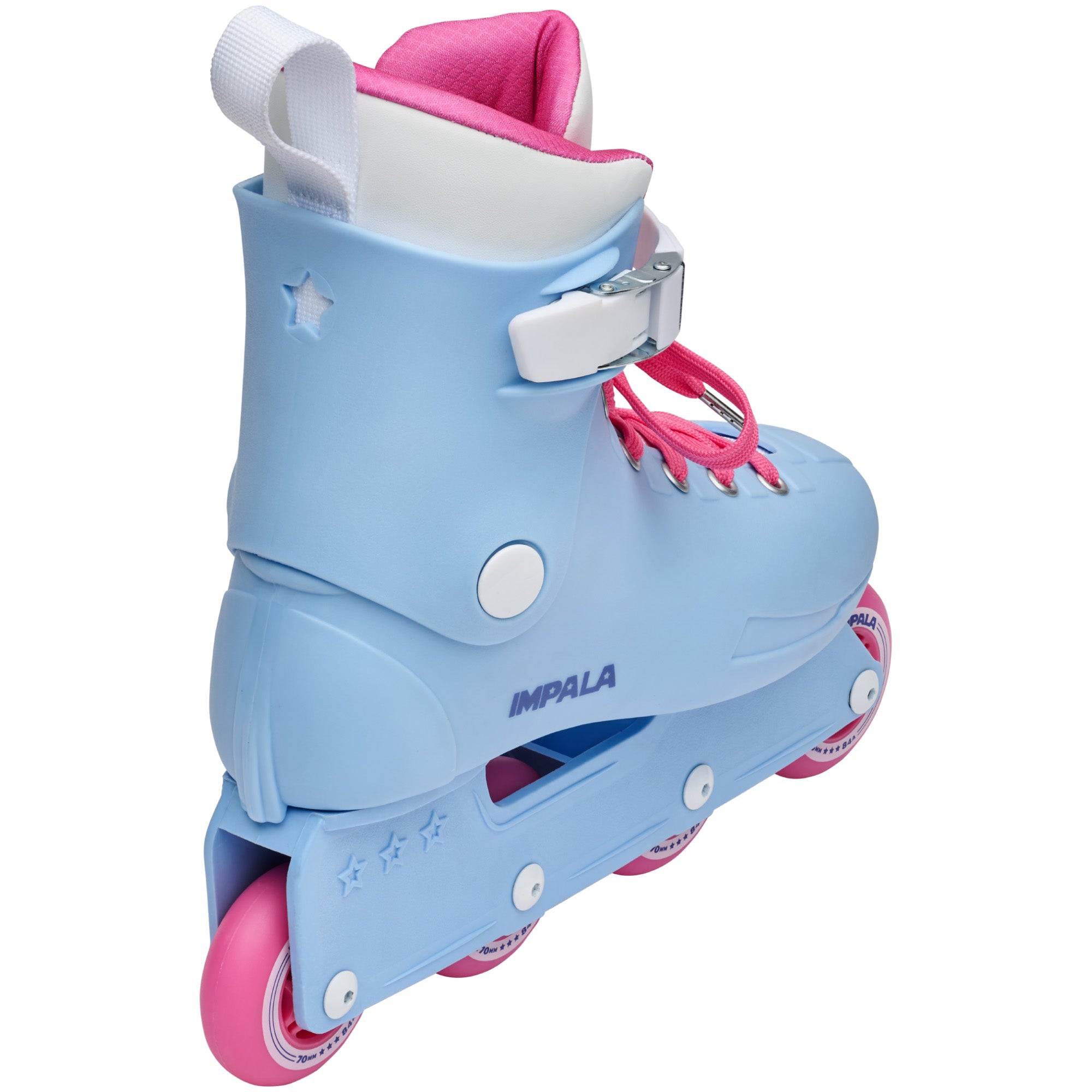 Light blue inline skate with star detail, pink laces, and white ankle strap