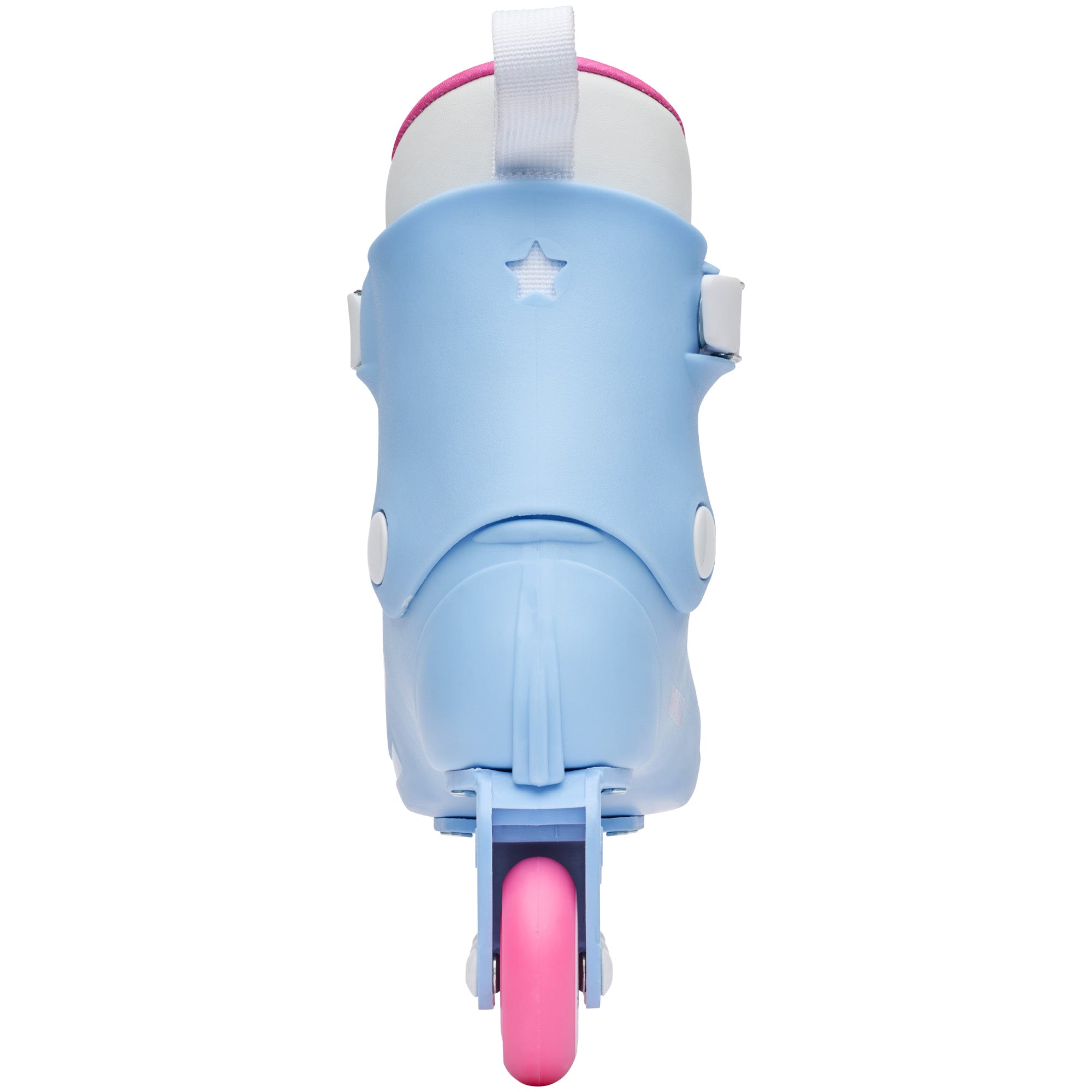 Light blue inline skate rear view with white straps and pink front wheel