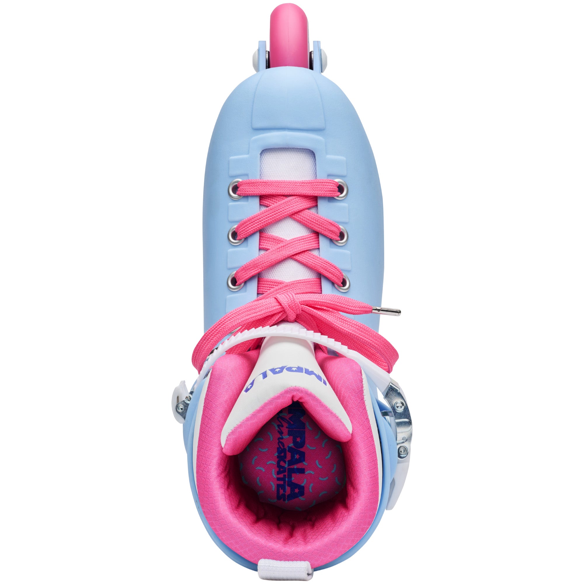 Light blue inline skate with pink laces and padded pink liner