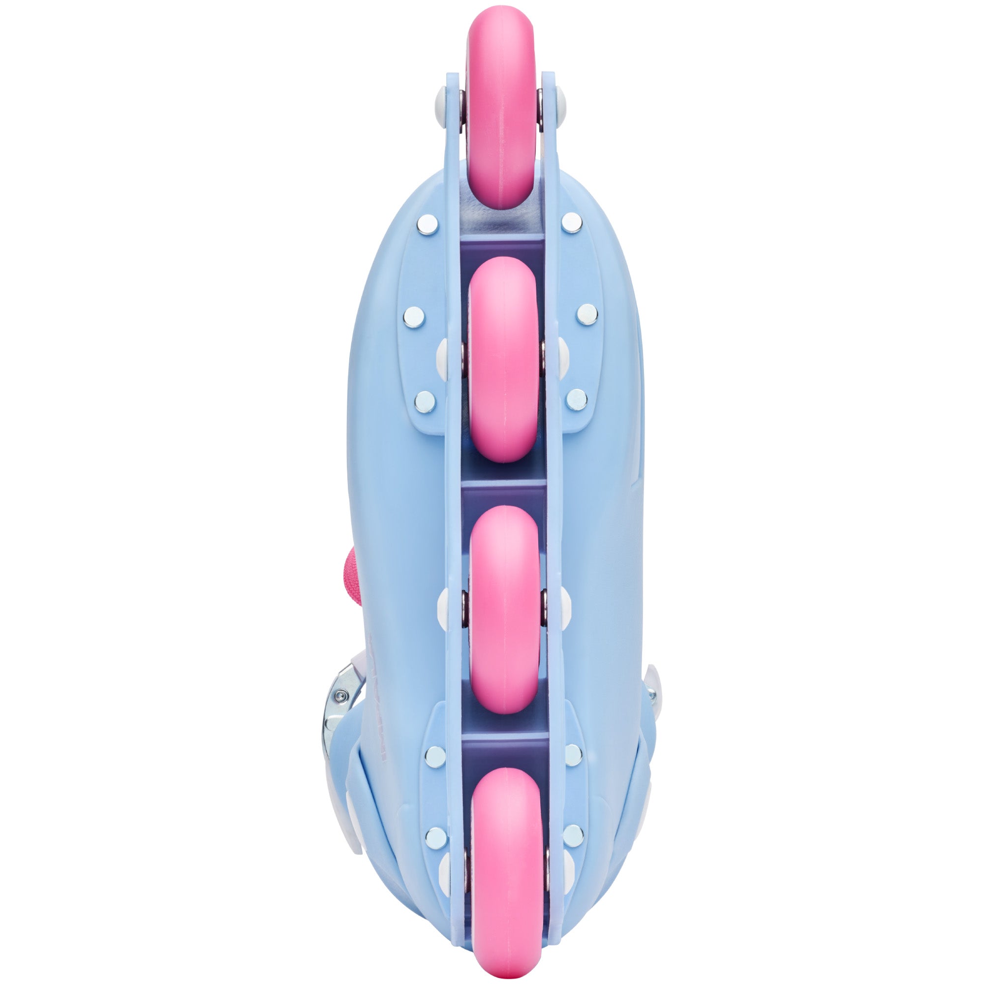 Light blue inline skate side view with three pink wheels and metal frame