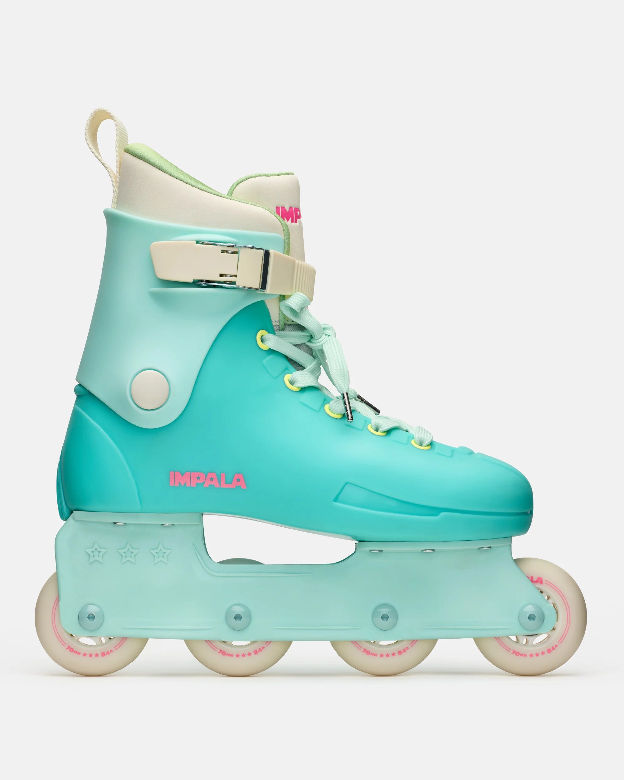 Seafoam blue inline skates with white laces, buckle strap, and four pink wheels