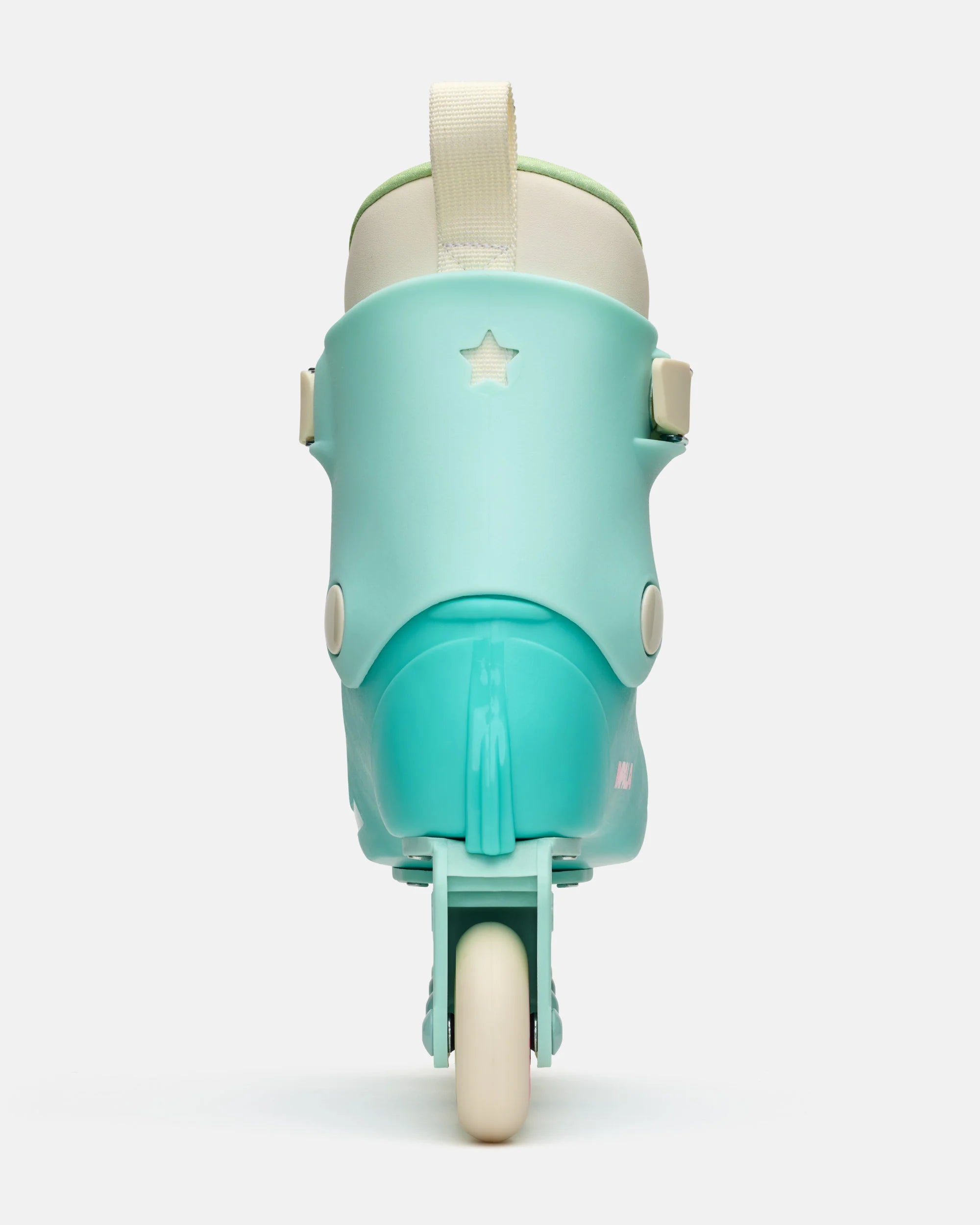 Seafoam blue inline skates rear view with star detail and four wheels