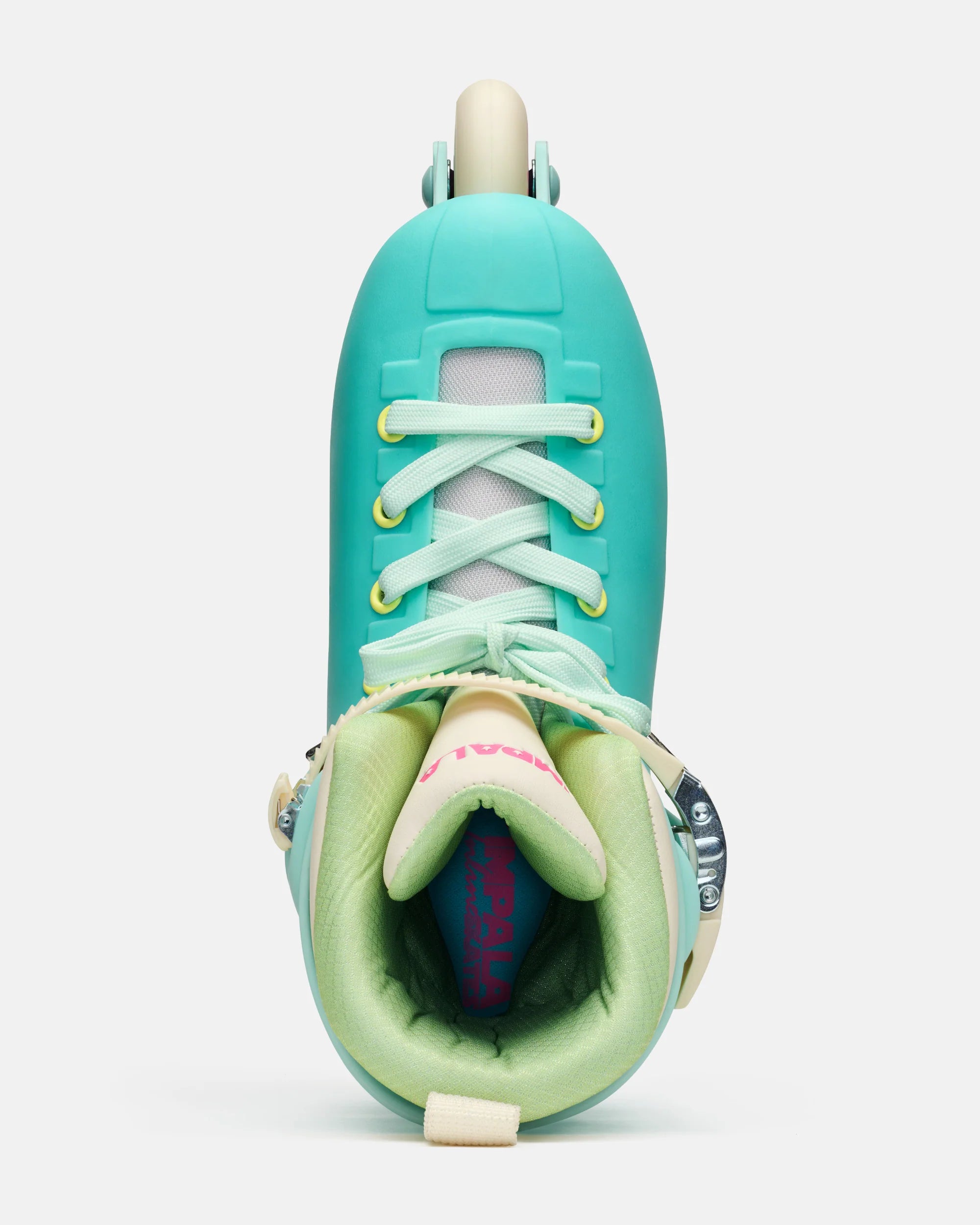 Seafoam blue inline skates with open green liner, white laces, and front wheel